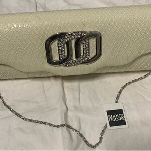Bijoux Terner Silver Rhinestone Ivory Snakeskin Evening Bag Clutch Purse Bag